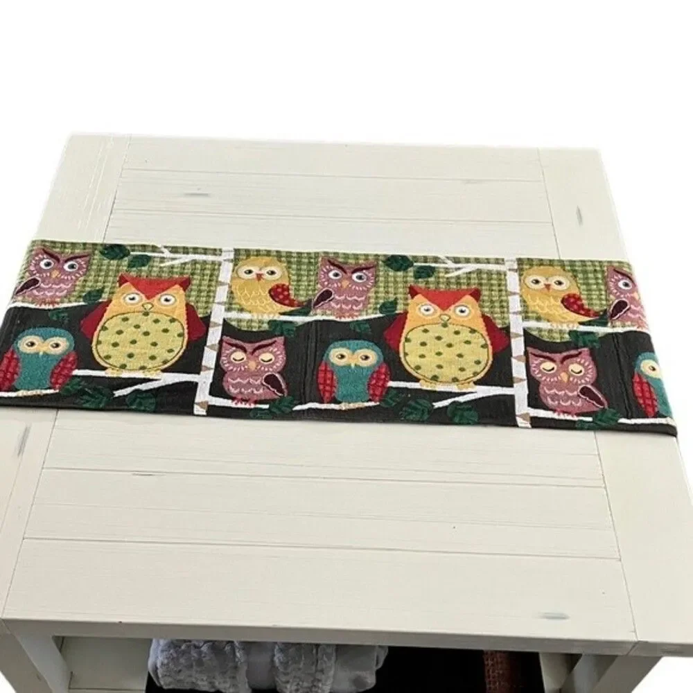 Tapestry Table Runner Owl Theme Multicolored 66.5” x 13” EUC